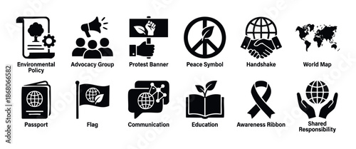 Comprehensive collection of global issues icons representing environmental policy, social advocacy, peace, communication, education, and shared responsibility, perfect for awareness