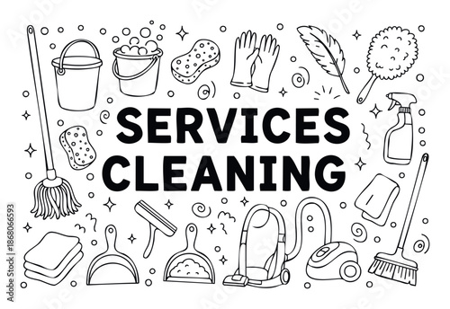 Comprehensive cleaning services concept presented with essential household tools and equipment, perfect for business advertisements, web pages, and print materials requiring a