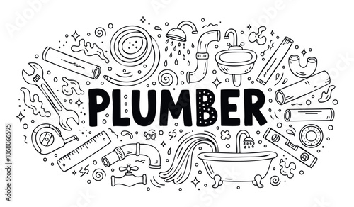 Hand drawn doodle style typography composition featuring essential plumbing tools and fixtures surrounding the word PLUMBER perfect for professional service advertisements or industry