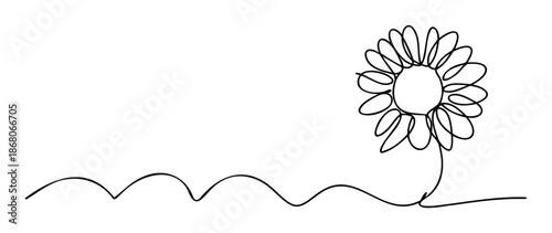 Continuous one line drawing of a stylized blossom with multiple petals and an extending stem, excellent for minimalist branding, serene decorative accents, or modern web visuals.