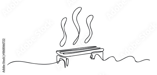Continuous line drawing of a hot barbecue grill emitting steam, ideal for food service branding, cooking tutorial graphics, or simple kitchen related marketing materials.