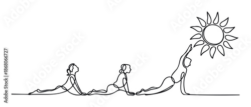 Continuous line drawing showing women in a progression of cobra yoga poses reaching for the sun, perfect for promoting wellness, mindfulness, and fitness programs