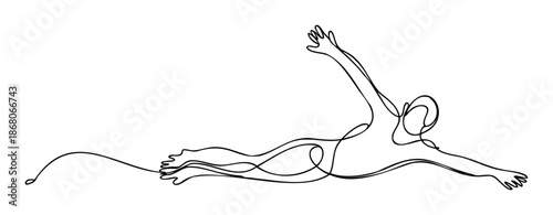 A dynamic continuous line drawing of a swimmer gracefully moving through water, perfect for sports promotions, athletic event branding, wellness campaigns, or minimalist health and fitness