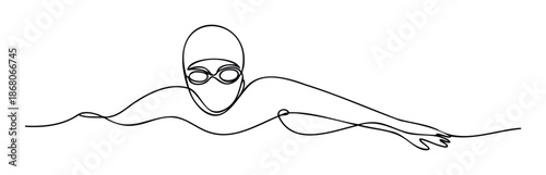 A single continuous line drawing of a swimmer wearing a swim cap and goggles, ideal for modern sports marketing materials, health and wellness blogs, or athletic event posters.