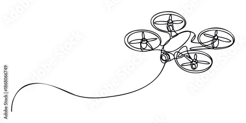 Modern quadcopter drone depicted with a fluid single line, perfect for showcasing advanced technology in logistics, security, or aerial photography presentations.