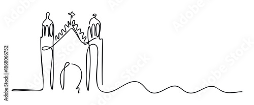 Continuous single line drawing illustrating a sacred building resembling a church or temple with a cross, suitable for spiritual designs, religious event promotions, or minimalist