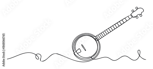 Minimalist one continuous line drawing of a banjo stringed instrument capturing rhythm and melody ideal for album covers and cultural event promotions
