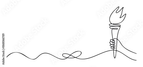 Minimalist continuous line representation of a hand holding a bright torch, ideal for conveying ideas of enlightenment, progress, and commemorative events