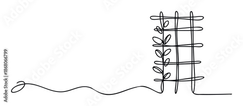 Minimalist continuous single line drawing depicting a stylized plant growing on a trellis, representing concepts of organic development, progress, and environmental sustainability for