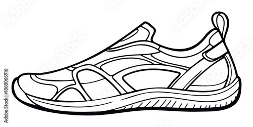 Outline drawing of a lightweight athletic shoe or water sport footwear, perfect for fitness apparel branding, sport product catalogs, and active lifestyle graphic resources