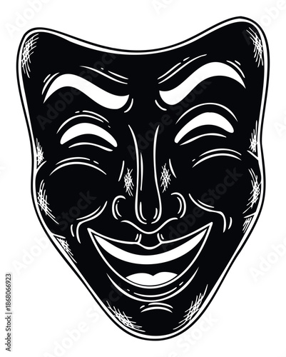 A smiling black and white theater mask representing joy and humor is perfect for dramatic arts promotions or entertainment media projects