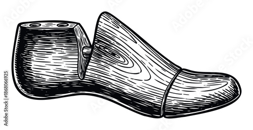 Traditional wooden shoe tree or shoe last in an engraved style, perfect for depicting vintage craft projects and shoemaking themes, representing old craftsmanship.