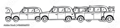 A row of iconic vintage style taxi vehicles depicted in a simple graphic line drawing, perfect for transportation themed visuals or urban mobility information.
