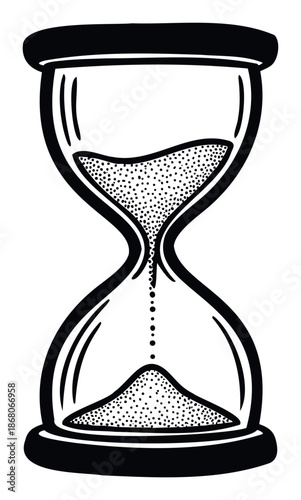Traditional black and white hourglass with sand flowing from top to bottom, representing the continuous passage of time and ideal for themes of deadlines, history, or chronological