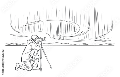 Dedicated outdoor photographer captures stunning nocturnal phenomenon, like aurora borealis, with a camera mounted on a sturdy tripod, perfect for travel and nature documentaries.