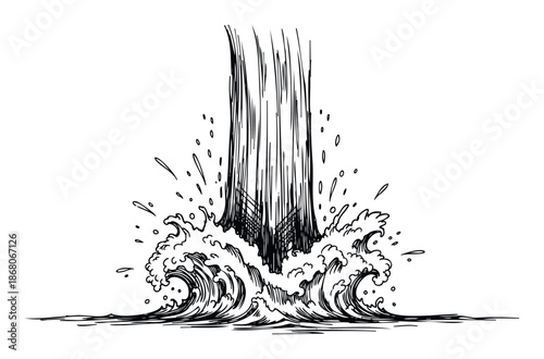 Vigorously flowing water stream impacting a fluid surface with dynamic splashes and turbulent waves, perfect for conveying force, movement, or natural power in various visual media.