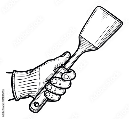 Experienced cooks hand firmly holds a sturdy barbecue spatula, ideal for promoting grilling accessories, restaurant services, and culinary instructional materials.