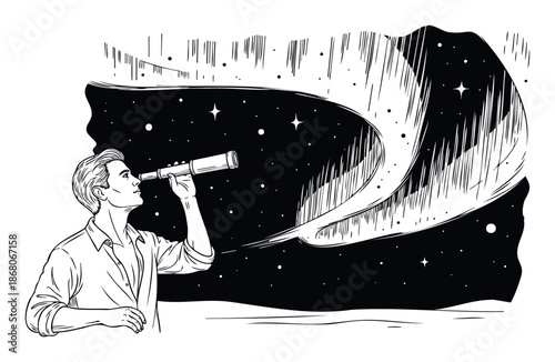 A man observing the celestial sky with a telescope, depicting a sense of wonder and scientific discovery, suitable for educational materials or astronomythemed promotions