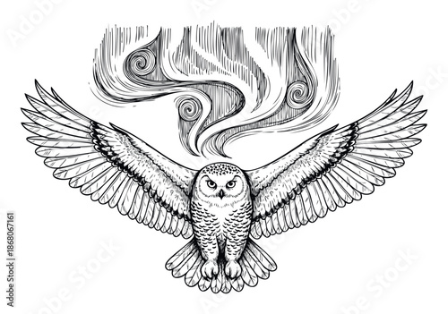 Majestic snowy owl in powerful flight with outstretched wings, depicted in an engraving style under ethereal energy swirls, suitable for impactful publications and ecological projects.