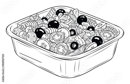 A refreshing pasta salad featuring spiral fusilli and penne pasta, ripe tomatoes, crisp cucumber, and savory olives, perfect for healthconscious food promotions