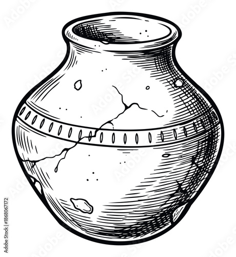 Hand drawn vintage earthenware pot with decorative details and rustic texture, ideal for historical publications, educational materials, or decorative graphic projects