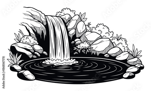 Monochrome flowing waterfall cascading into a serene pond surrounded by lush rocks and greenery, perfect for naturethemed graphic projects and tranquil decor