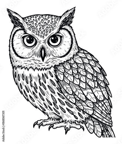 Detailed black line drawing of a majestic horned owl featuring intricate feather patterns and piercing eyes, suitable for a variety of print projects, apparel, educational content, or