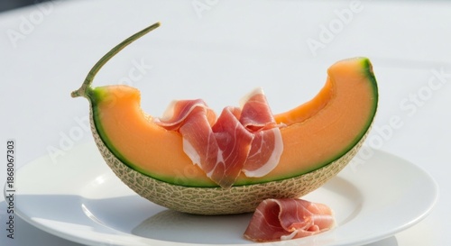 A cantaloupe slice with prosciutto on a white plate, close-up with a white background