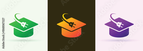    Graduation cap electric plug swoosh logo education academy learning technology success brand icon
