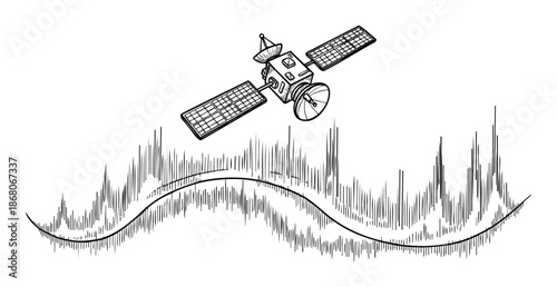 Advanced satellite actively transmitting scientific data illustrated as a dynamic signal wave and varying spikes, ideal for academic publications and technologyfocused presentations.