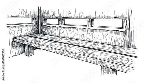 Hunting blind interior perspective with a sturdy wooden bench and viewing windows offers a ready space for wildlife observation or outdoor sports activities