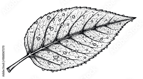 Stylized black and white botanical drawing of a fresh green leaf covered with dew droplets, perfect for educational materials, print designs, or brand imagery.