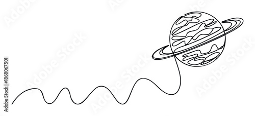 Single continuous line art depicting a stylized ringed planet orbiting through space with an elegant wavy trail representing universal motion and discovery ideal for modern technology