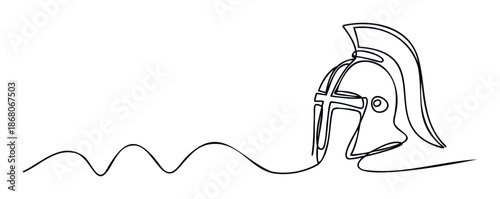 Simple continuous line drawing depicts an ancient warrior helmet, symbolizing strength, history, and military prowess, ideal for educational content or historical themed promotional