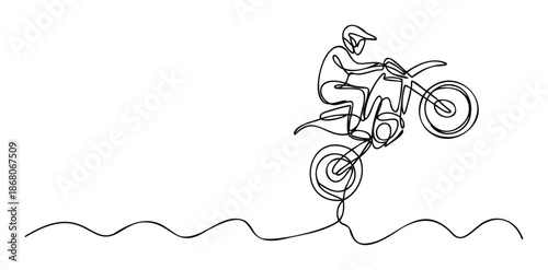 Continuous line drawing of a motocross rider performing an exciting jump on a dirt bike, perfect for sports event promotions or active lifestyle branding.