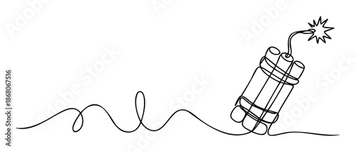 A compelling single line drawing of bundled dynamite sticks with a lit fuse and sparkling ignition, perfect for conveying urgent situations, critical deadlines, or impactful warnings in