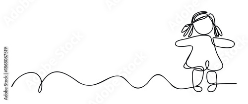 Minimalist single continuous line drawing of a happy child with pigtails and a dress, perfect for kidfriendly content, educational themes, or playful graphic design applications.