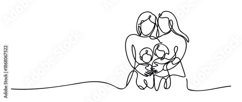 Continuous single line drawing illustrating a loving family of four with parents embracing their two children, symbolizing togetherness and support for familyoriented content and campaigns.