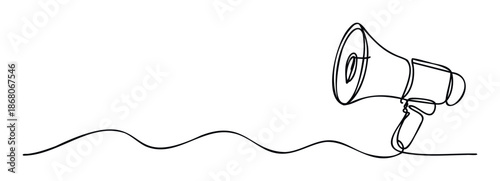 Continuous one line drawing of a megaphone representing loud communication, important announcement, or marketing promotion for social media, business presentations, and web graphics