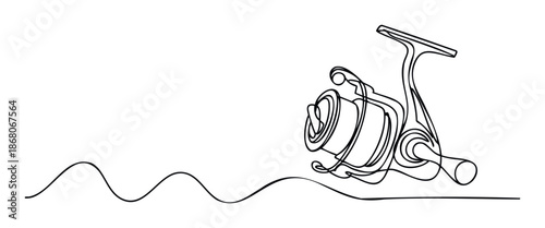 Minimalist one line illustration of a modern fishing reel and line, ideal for sports equipment catalogs, apparel branding, and hobby related promotions.