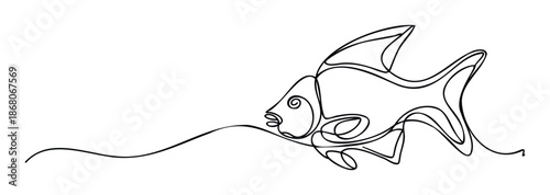 Continuous line drawing of a swimming fish creating a dynamic visual for ocean themed marketing materials or aquatic environment promotions and educational resources.