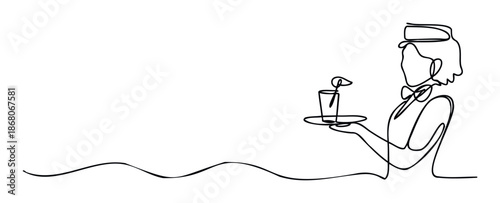 Minimalist continuous line drawing of a server carrying a refreshing beverage on a tray, perfect for hospitality branding or event promotion materials.