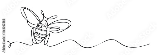Sleek single continuous line drawing portraying a honeybee in flight with a wavy trailing path, suitable for ecological messages, product packaging, or modern brand identities.