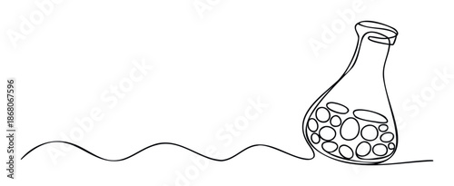 Continuous line drawing of a scientific lab flask filled with abstract circles representing molecules, ideal for educational resources, research publications, and technology presentations