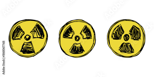 Set of hand drawn radiation sign Nuclear radiation hazard symbol Radioactive danger warning doodle Radioactive waste Single element for print, web, design, decor