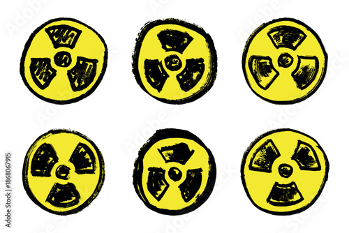 Set of hand drawn radiation sign Nuclear radiation hazard symbol Radioactive danger warning doodle Radioactive waste Single element for print, web, design, decor