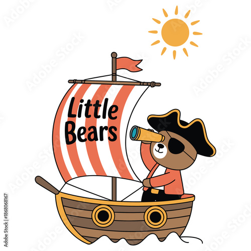 Little Bear Pirate on a Viking Ship Under a Sunny Sky