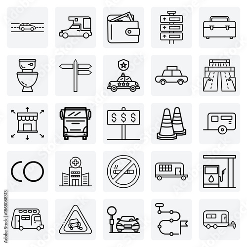 Roadside Services And Highway Infrastructure – Gas Stations, Restaurants, Hospitals, And Toll Booths For Transportation And Travel Graphics