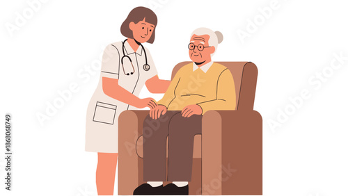 Professional home healthcare service for elderly patients featuring a female nurse assisting a senior man for medical insurance and wellness business marketing.