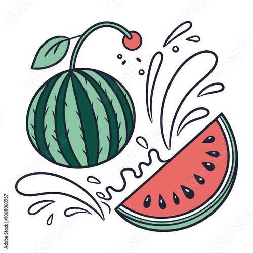A vibrant watermelon and slice with splashing water, surrounded by playful illustrations